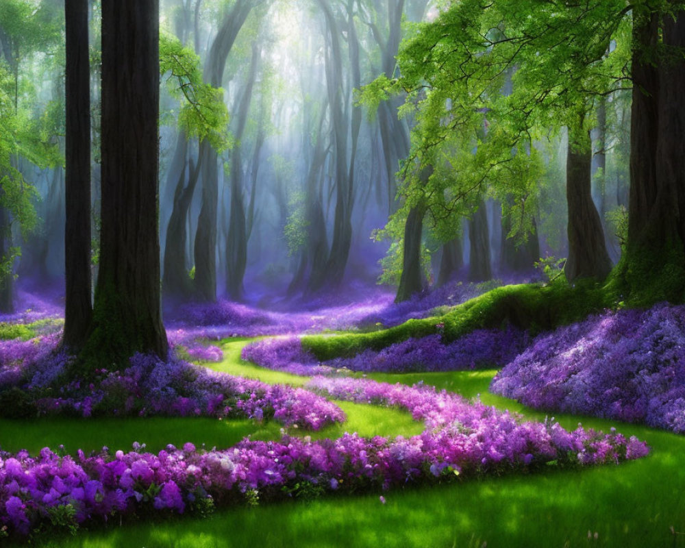 Mystical forest with purple and pink flowers, winding paths, lush green trees