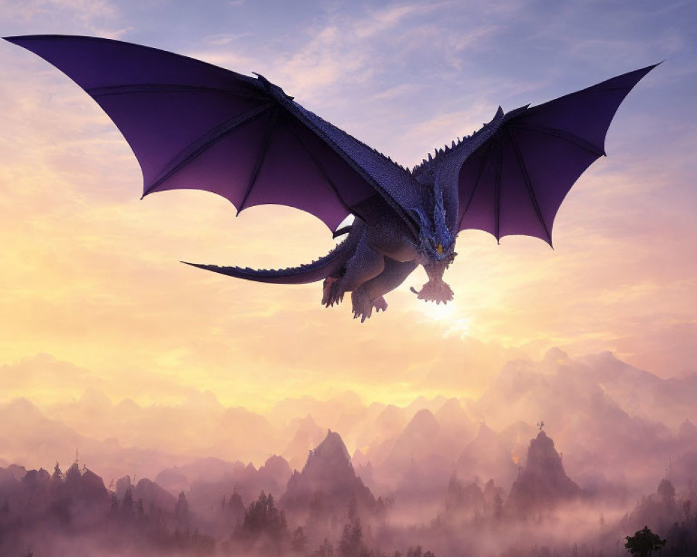 Majestic dragon flying over purple sky and misty mountains