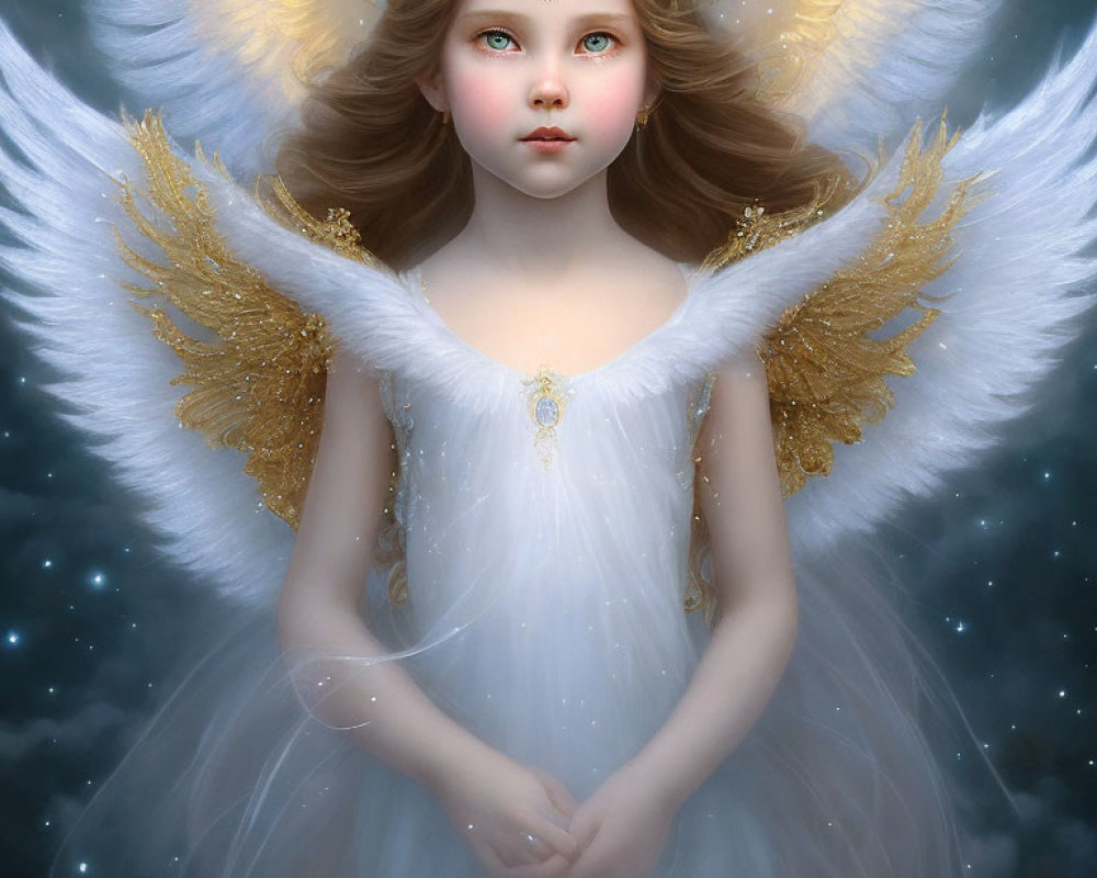 Golden-winged angel in white dress with green eyes on celestial backdrop