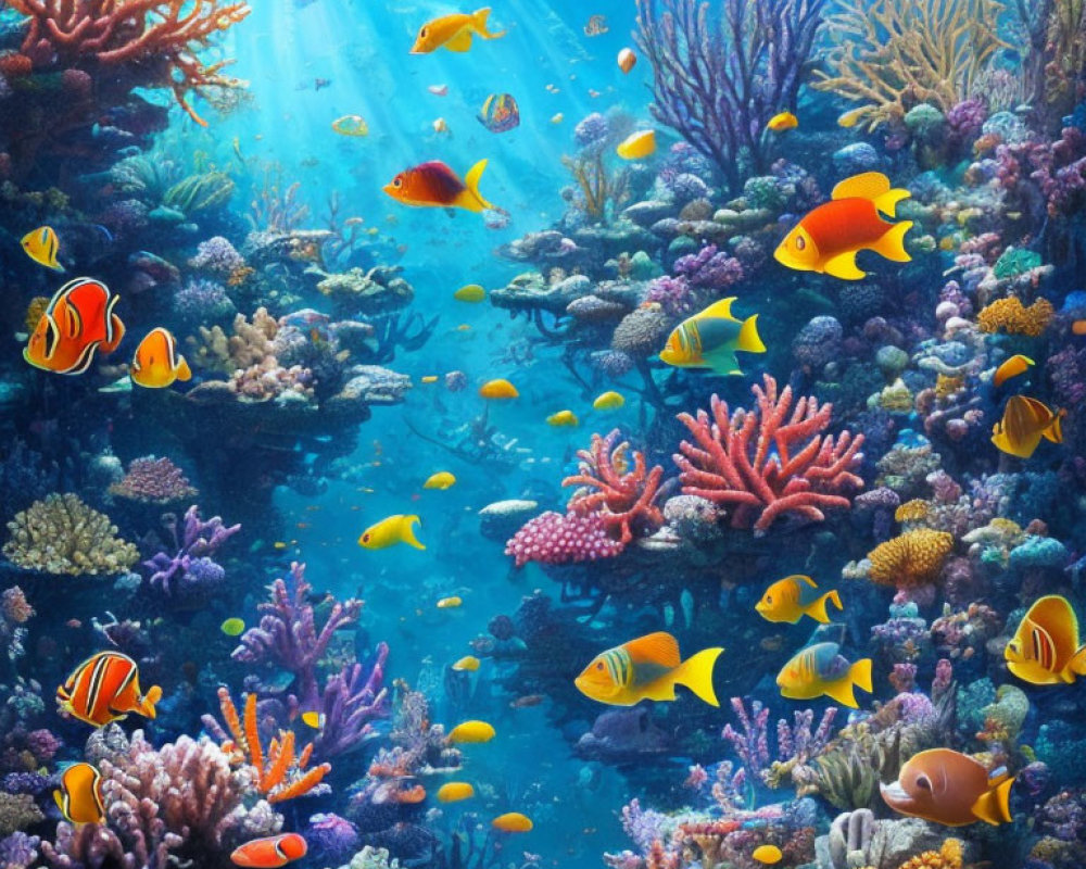 Colorful Tropical Fish and Coral Reefs in Sunlit Underwater Scene