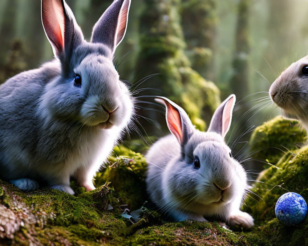 Three rabbits on mossy forest floor with blue decorative egg