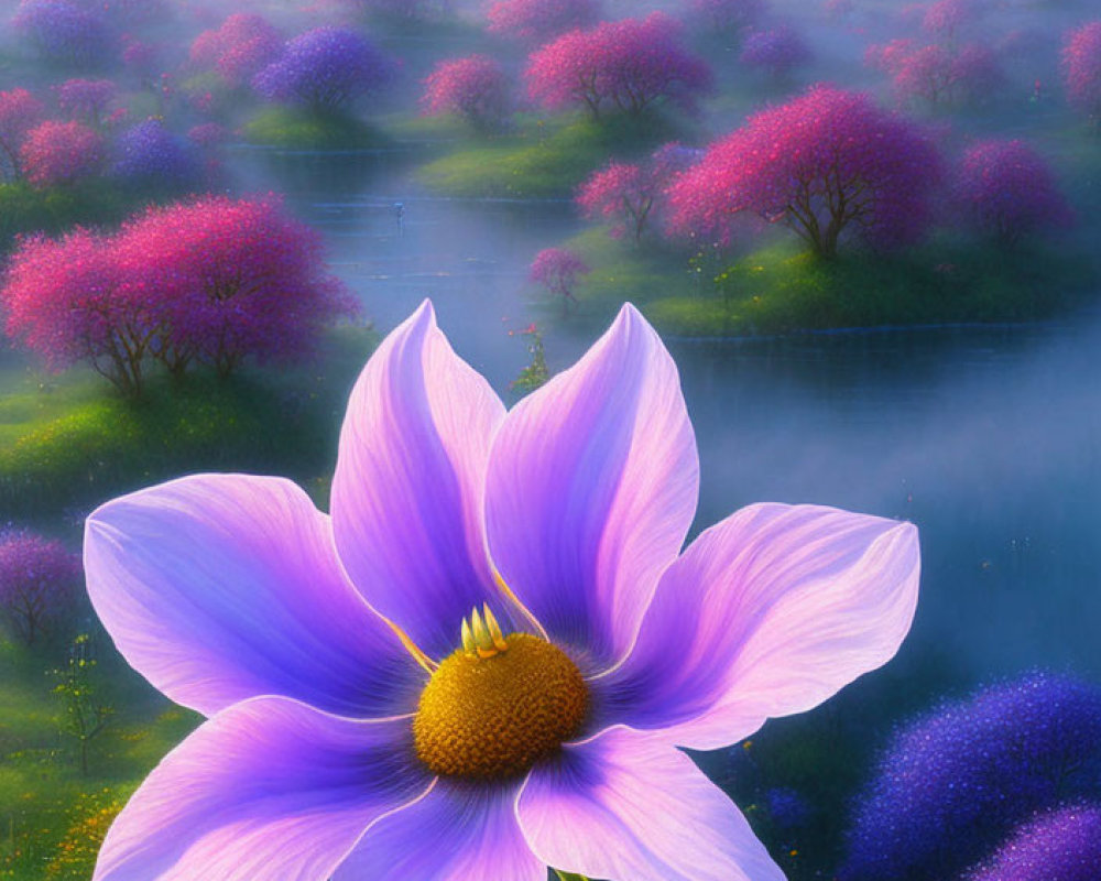 Vibrant purple flower against misty colorful meadow landscape