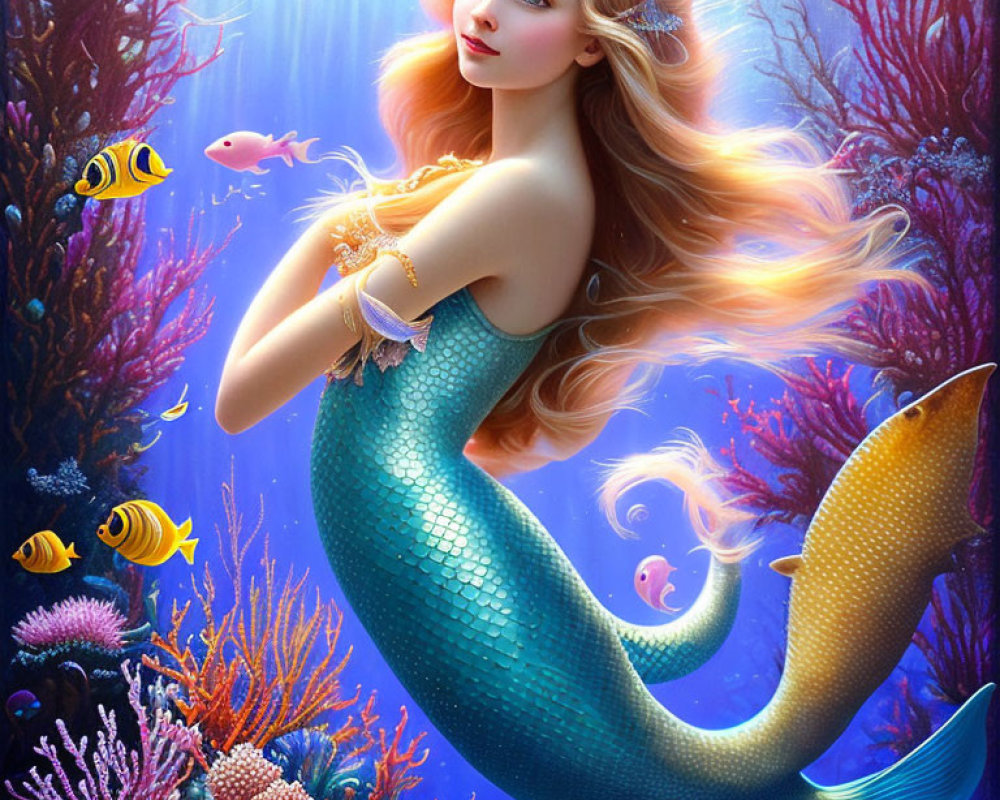 Colorful Mermaid Illustration with Teal Tail in Underwater Scene