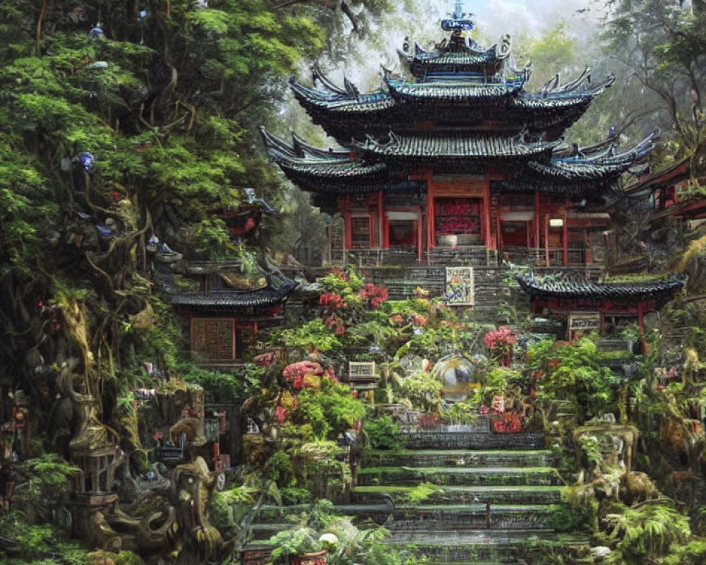 Mystical pagoda in vibrant forest with statues and lush flora