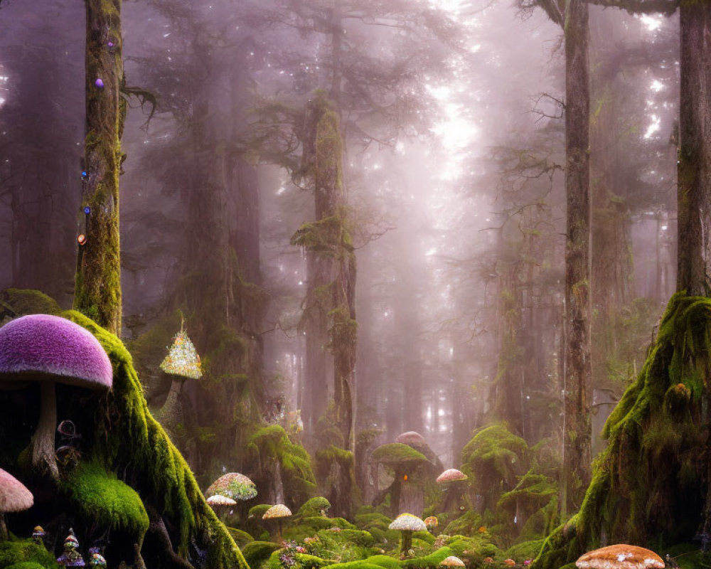 Mystic foggy forest with moss-covered trees and oversized mushrooms