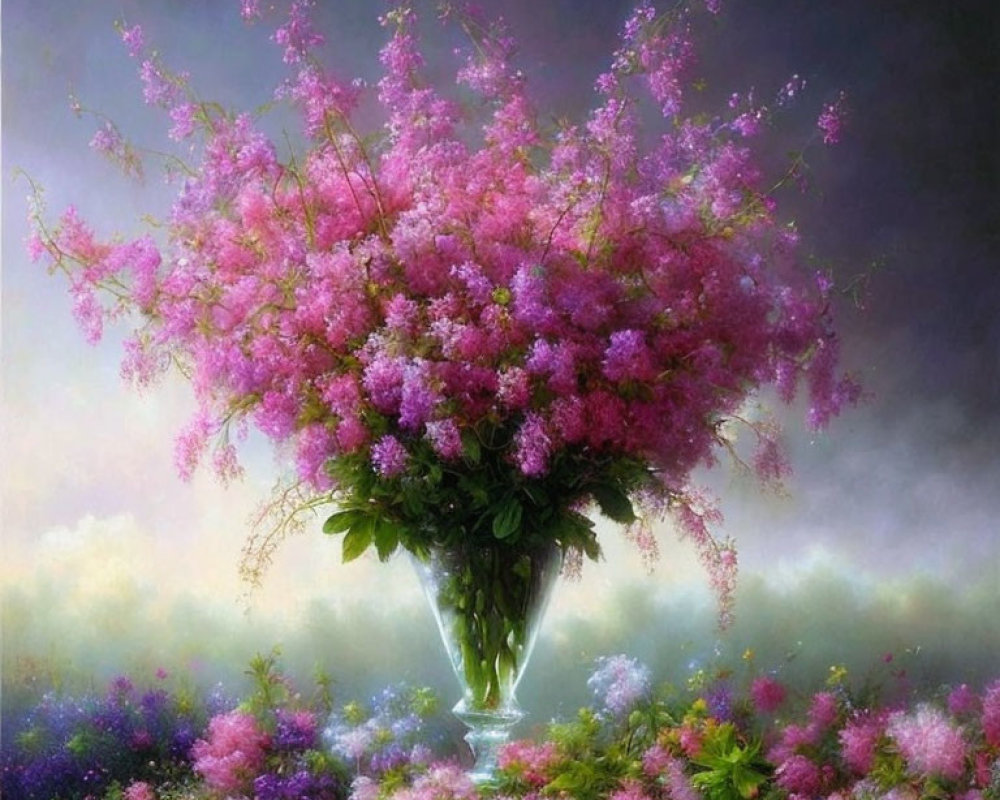 Colorful painting of large pink flower bouquet in clear vase with soft-focus background.