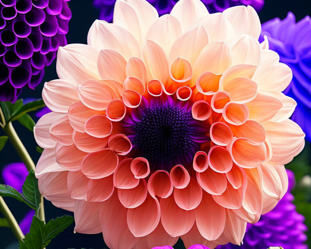 Vibrant pink dahlia with intricate petals and dark center, with blurred purple dahlias.