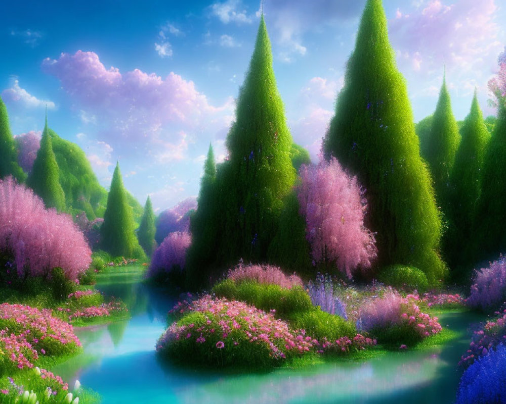 Serene fantasy landscape with vibrant trees, blue river, and colorful plants