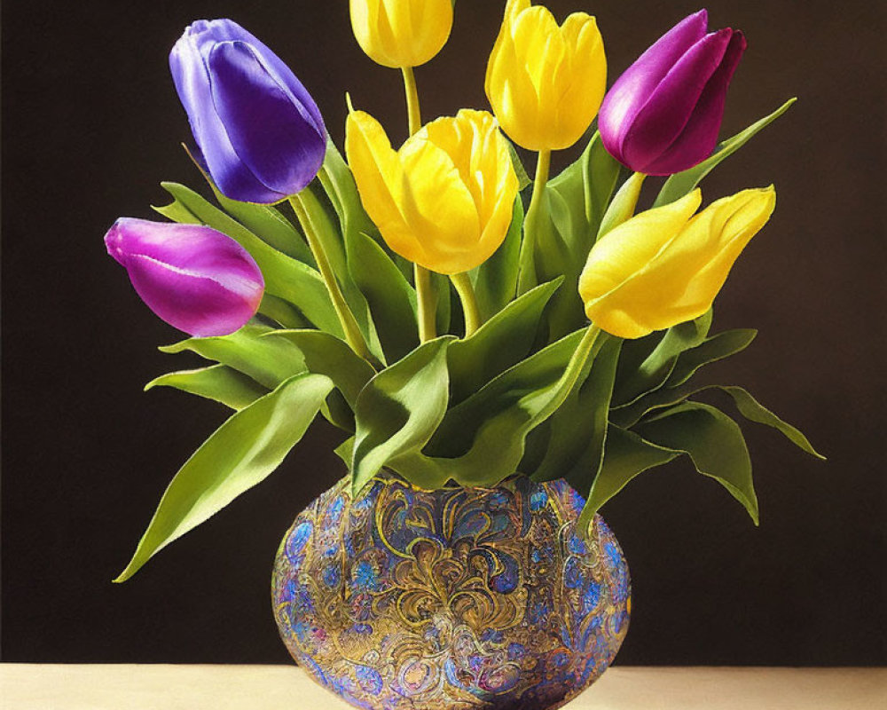 Colorful Purple and Yellow Tulip Bouquet in Blue Vase on Dark Background