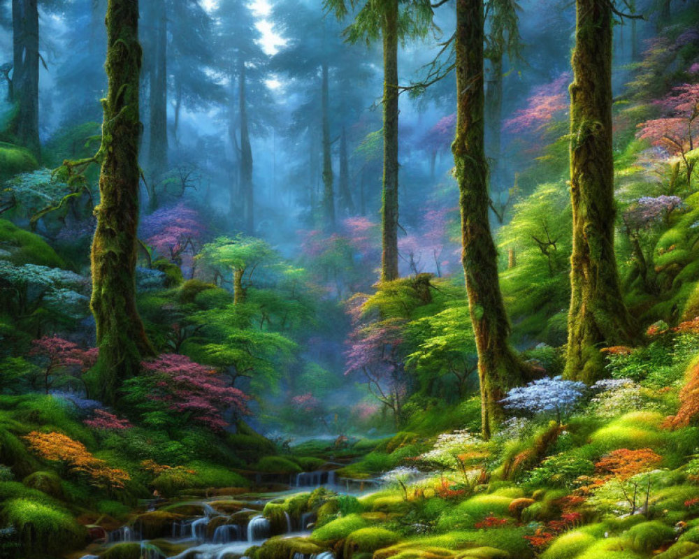 Tranquil forest scene with moss, stream, and colorful foliage