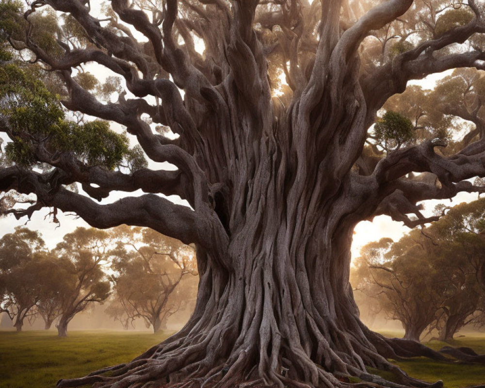 Old tree with massive trunk and sprawling branches in misty forest