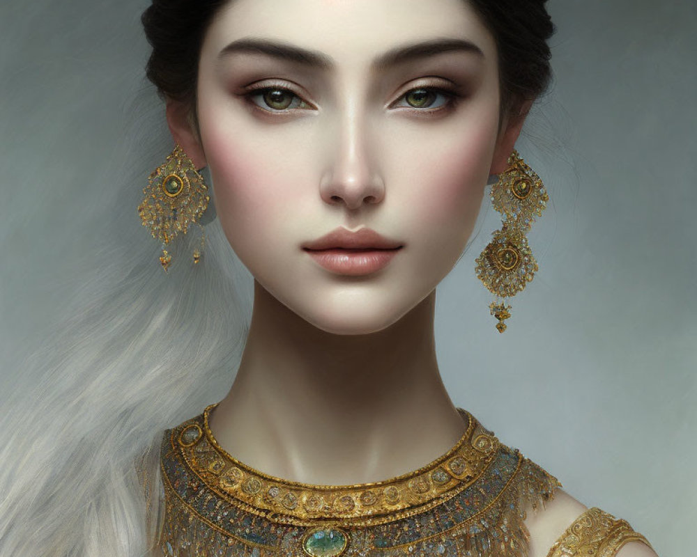 Digital portrait of a woman in intricate gold jewelry, delicate features, serene expression