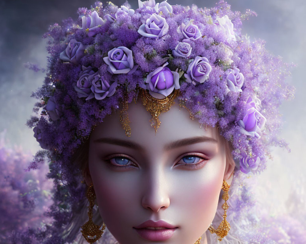 Digital artwork: Woman with violet eyes, wreath of purple flowers, gold jewelry, misty purple