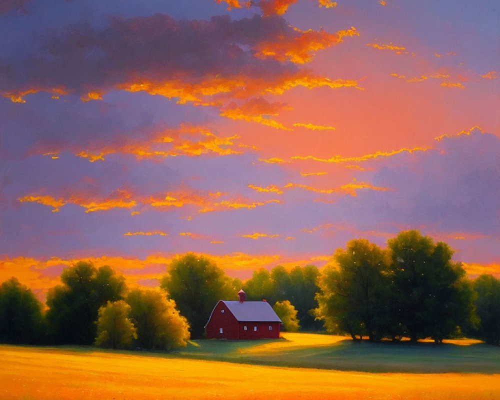 Tranquil landscape with red-roofed house in blooming field under vibrant sunset sky