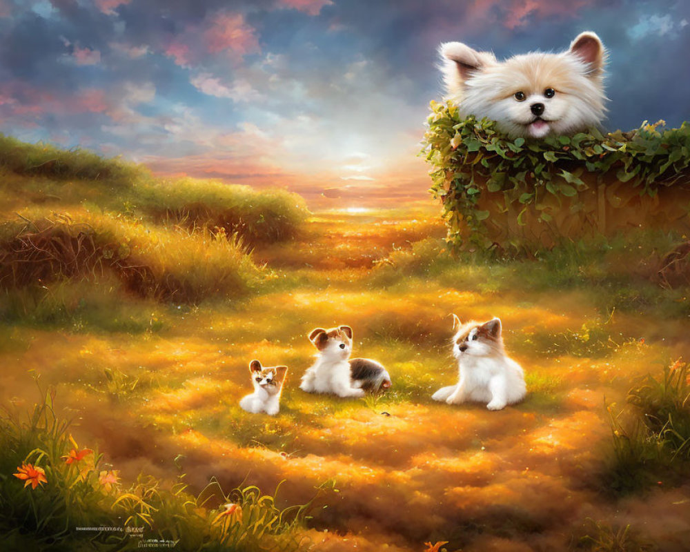 White fluffy dog watching three puppies in a sunset setting among flowers and grass