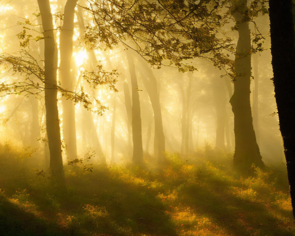 Forest scene: Sunlight filtering through mist, casting warm glow on tall trees