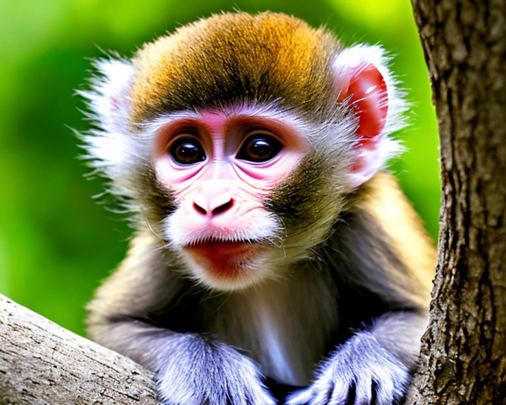 Curious young monkey with large eyes in lush green setting