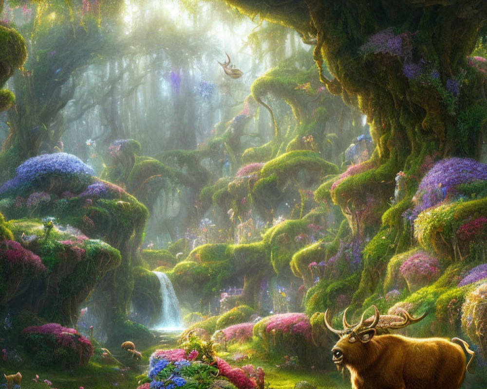 Enchanted forest with vibrant flora, waterfall, light rays, stag, and butterflies