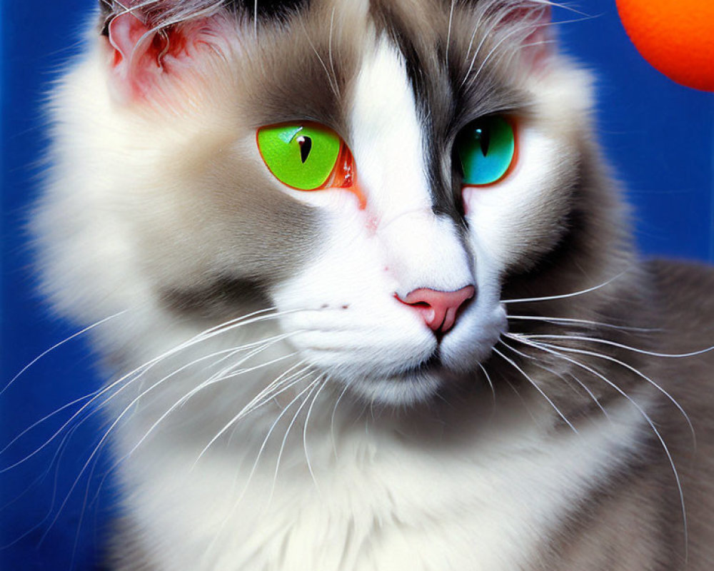 Long-Haired Cat with Heterochromatic Eyes on Blue Background