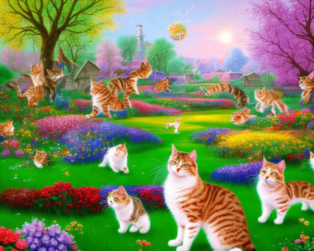 Vibrant Flower-Filled Landscape with Tabby Cats and Whimsical Details