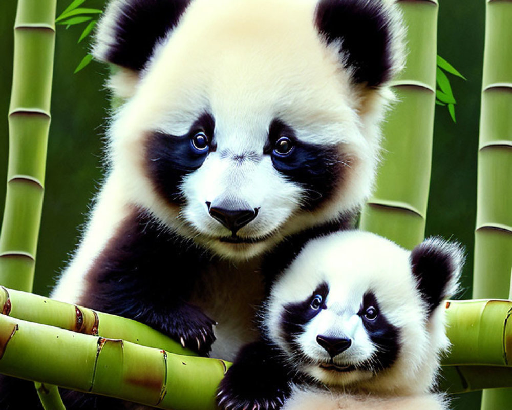 Two pandas among bamboo: one large, one small, both facing forward