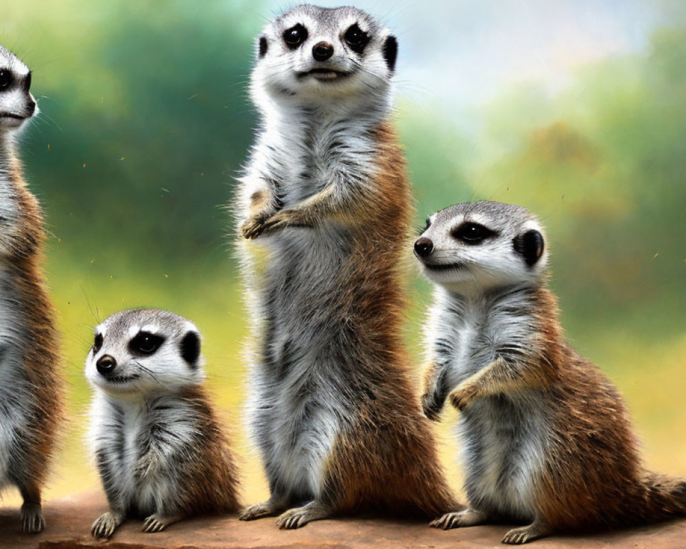 Group of Four Meerkats on Rock in Natural Setting