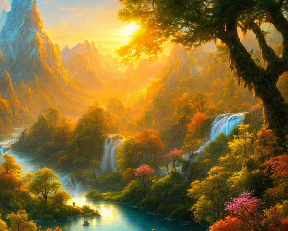 Scenic sunset landscape with river, waterfalls, autumn trees, and misty mountains