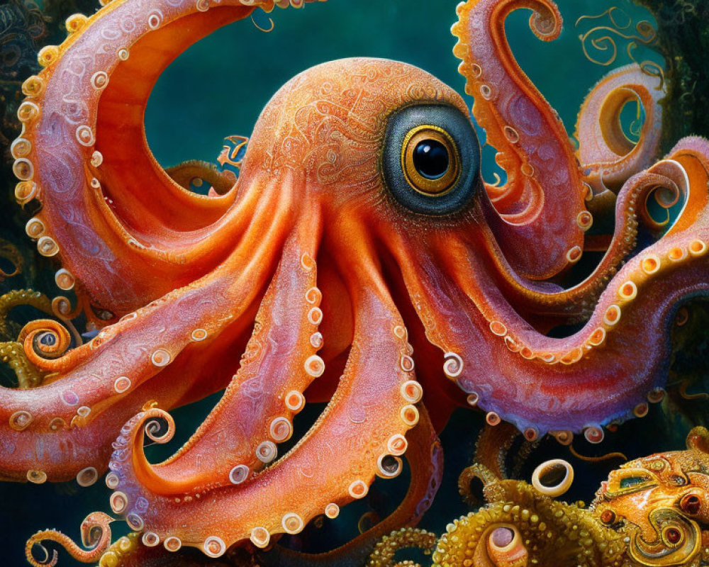 Detailed Orange Octopus with Large Eyes and Curling Tentacles