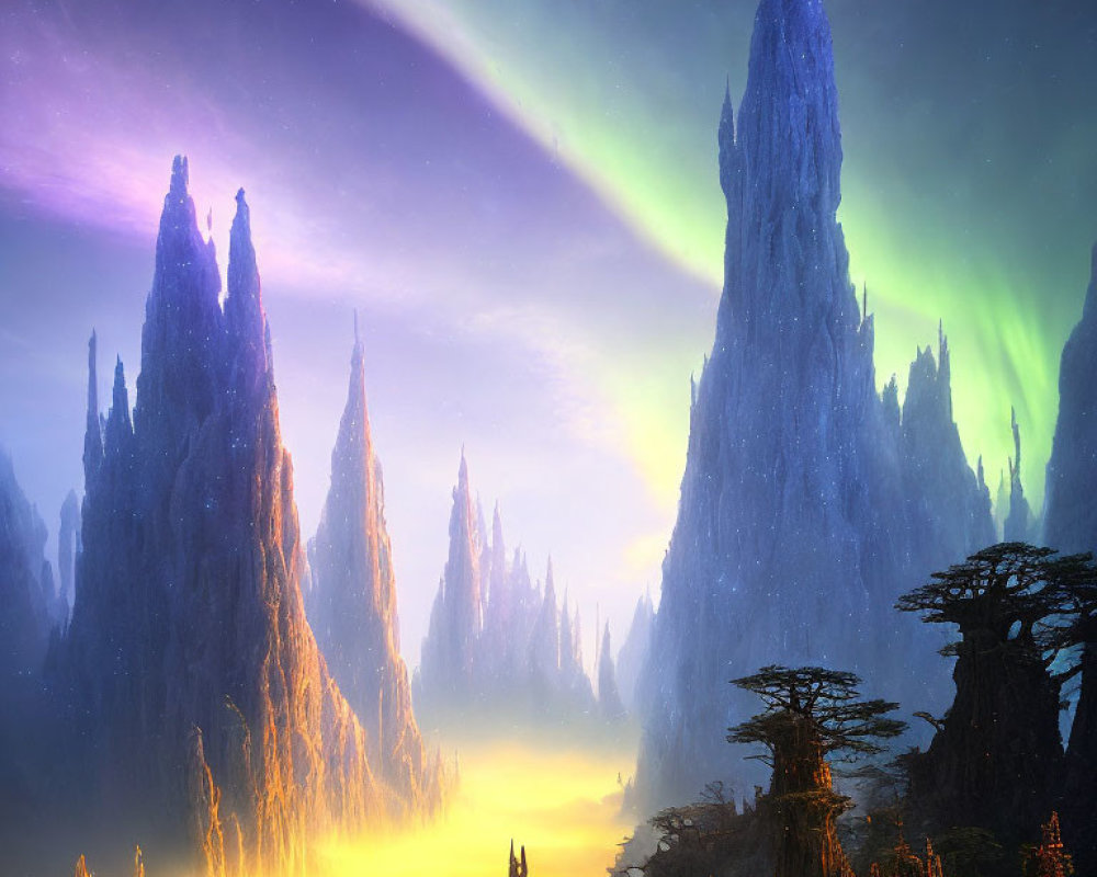 Fantastical landscape with towering spires and radiant sky.