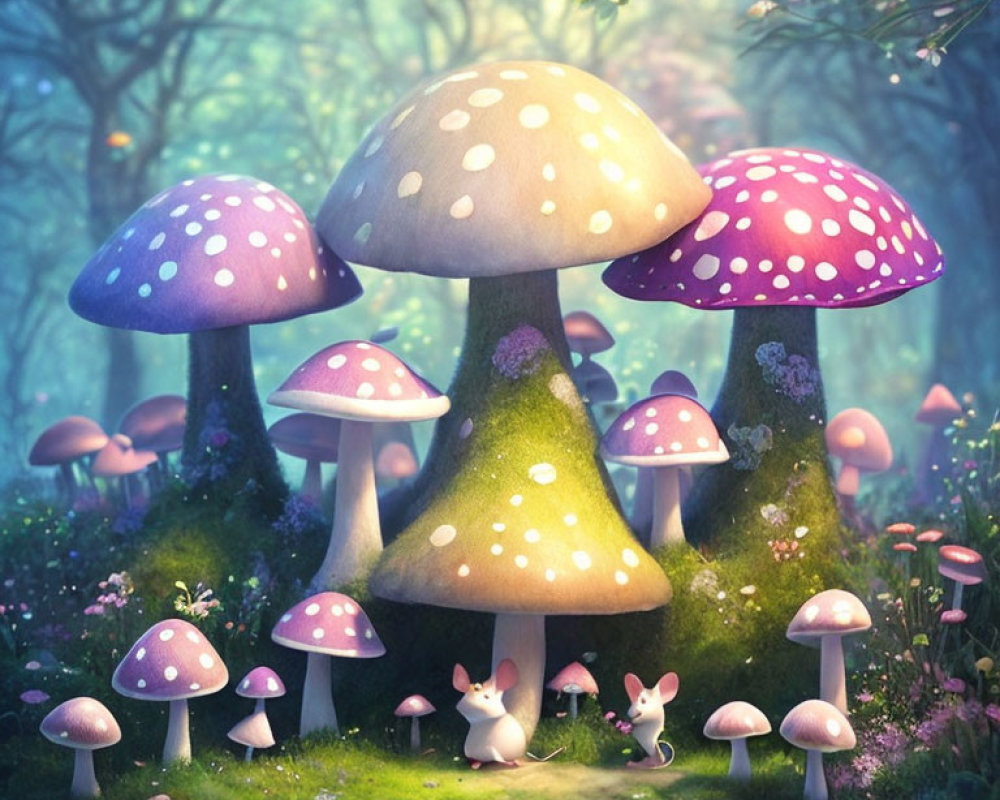 Enchanting forest scene with oversized mushrooms and adorable rabbits