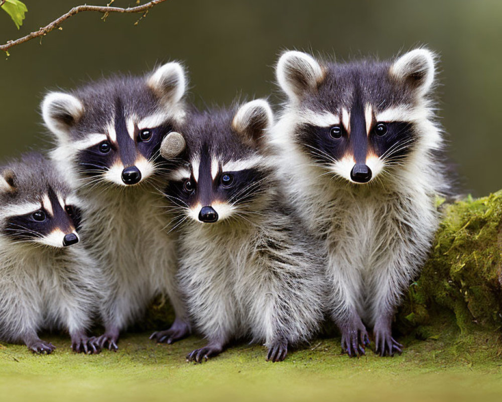 Group of raccoons on mossy branch with masked faces