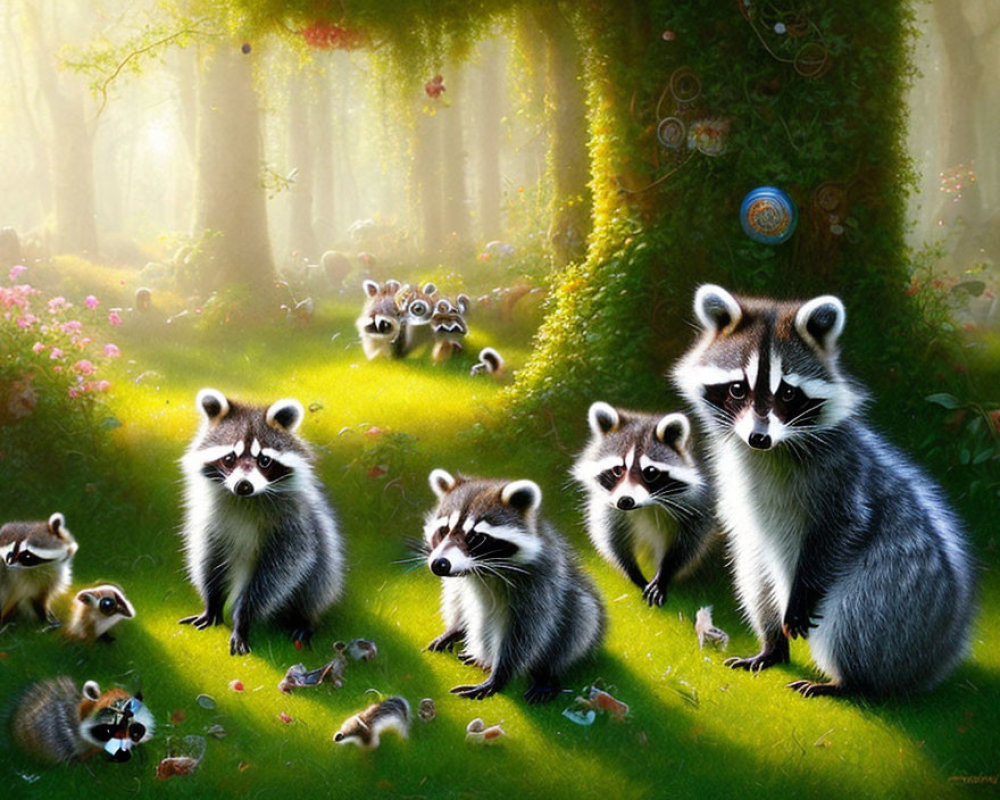 Tranquil forest scene with sunlight, raccoon family, greenery, flowers