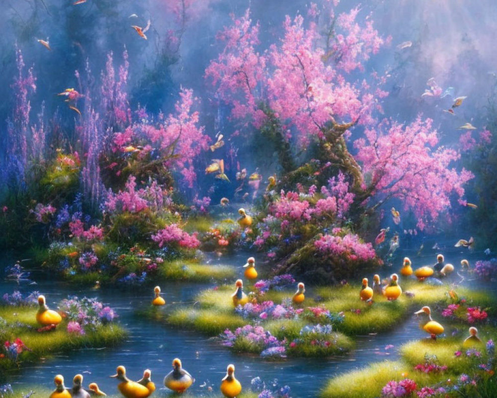 Magical landscape with rubber ducks, pink trees, sunlight, and butterflies