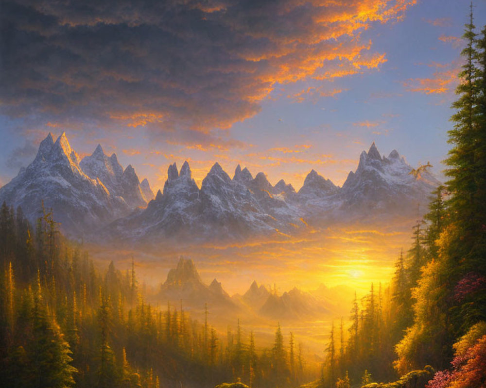 Majestic sunrise over misty mountains with waterfalls, forests, and vibrant colors.