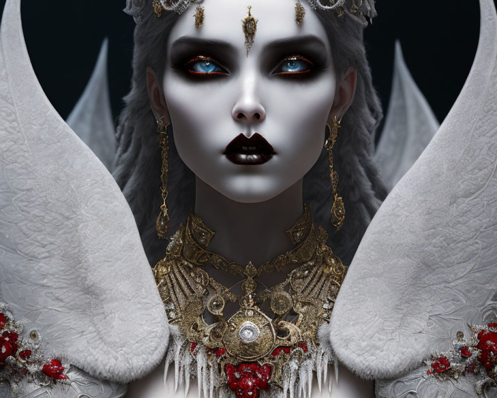 Gothic fantasy figure with blue eyes, headdress, wings & jewelry