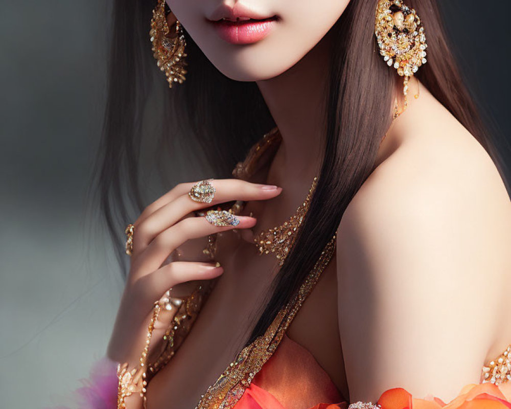 Woman with Flower Accessories and Gold Jewelry in Soft Pink Makeup on Grey Background