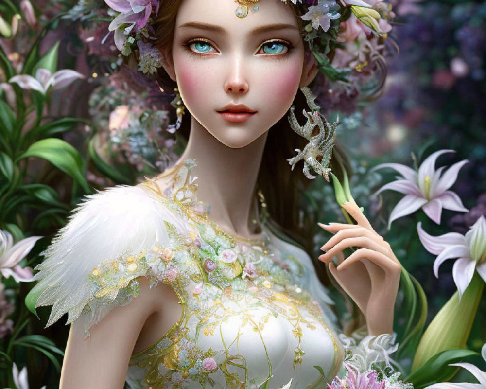 Ethereal woman with floral crown and butterfly in lush flower setting