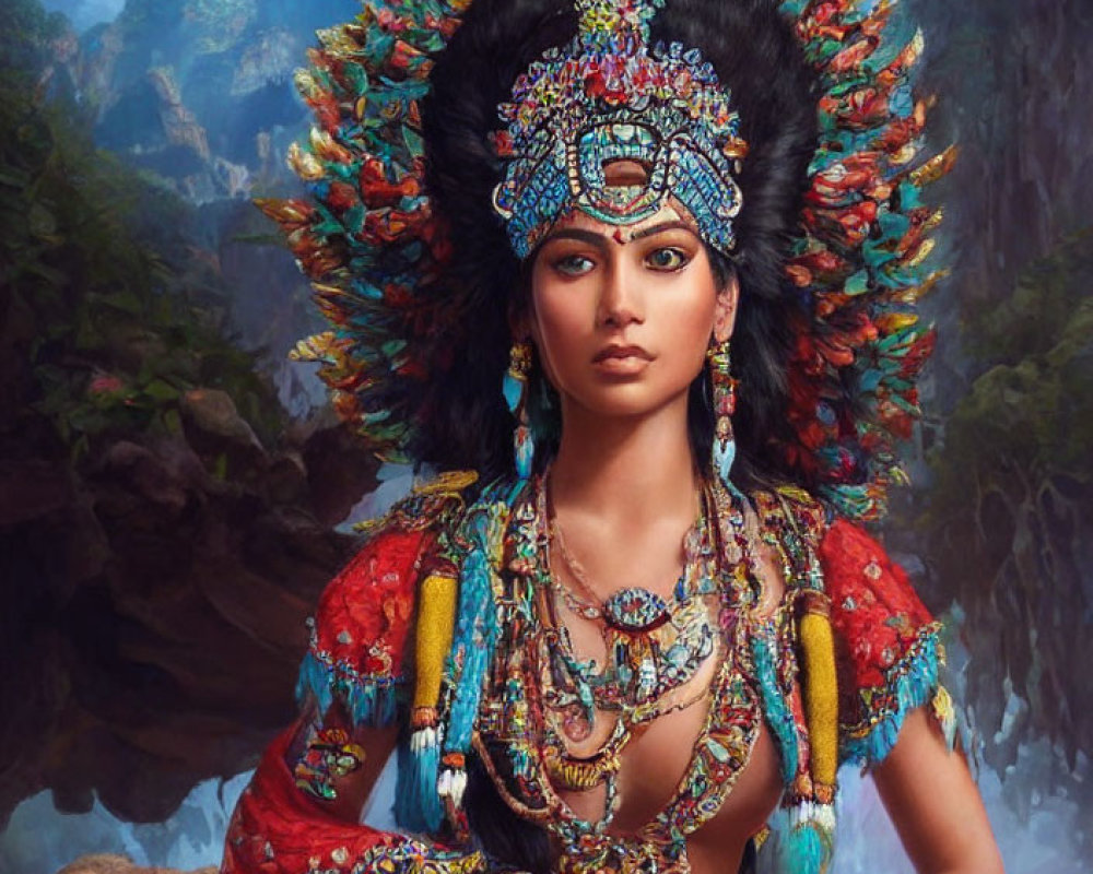 Colorful Woman with Detailed Headdress and Traditional Outfit in Mountainous Setting