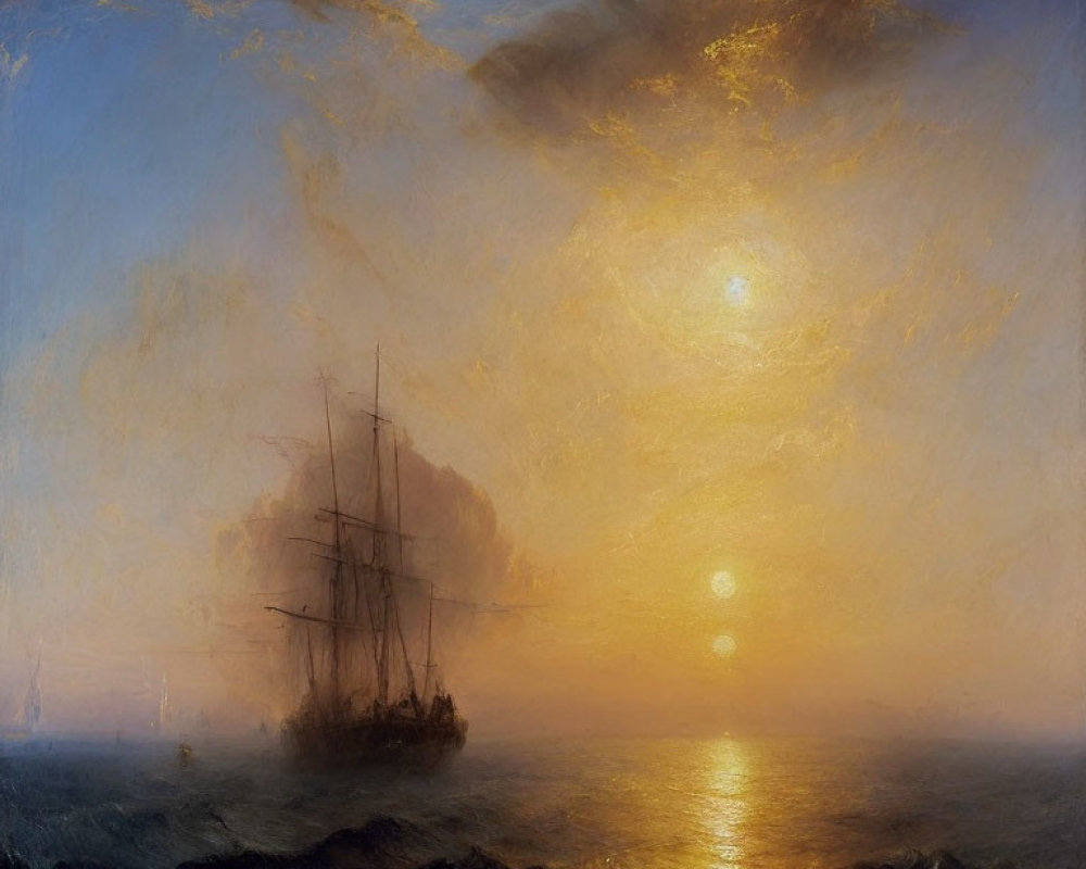 Sailing Ship at Sea with Golden Sunlight and Hazy Sky