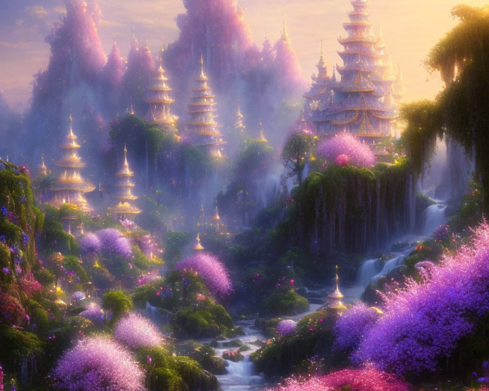 Fantasy landscape with waterfalls, pink trees, and pagoda towers in misty light