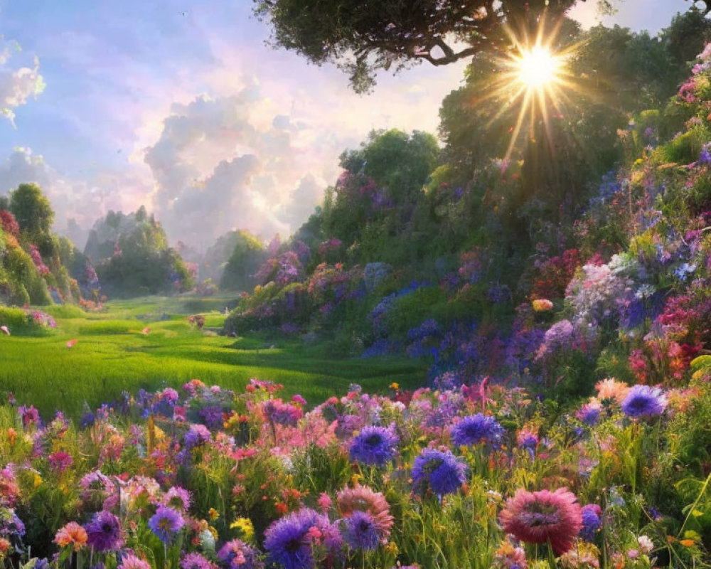 Colorful Flower Landscape Under Tree with Sunburst