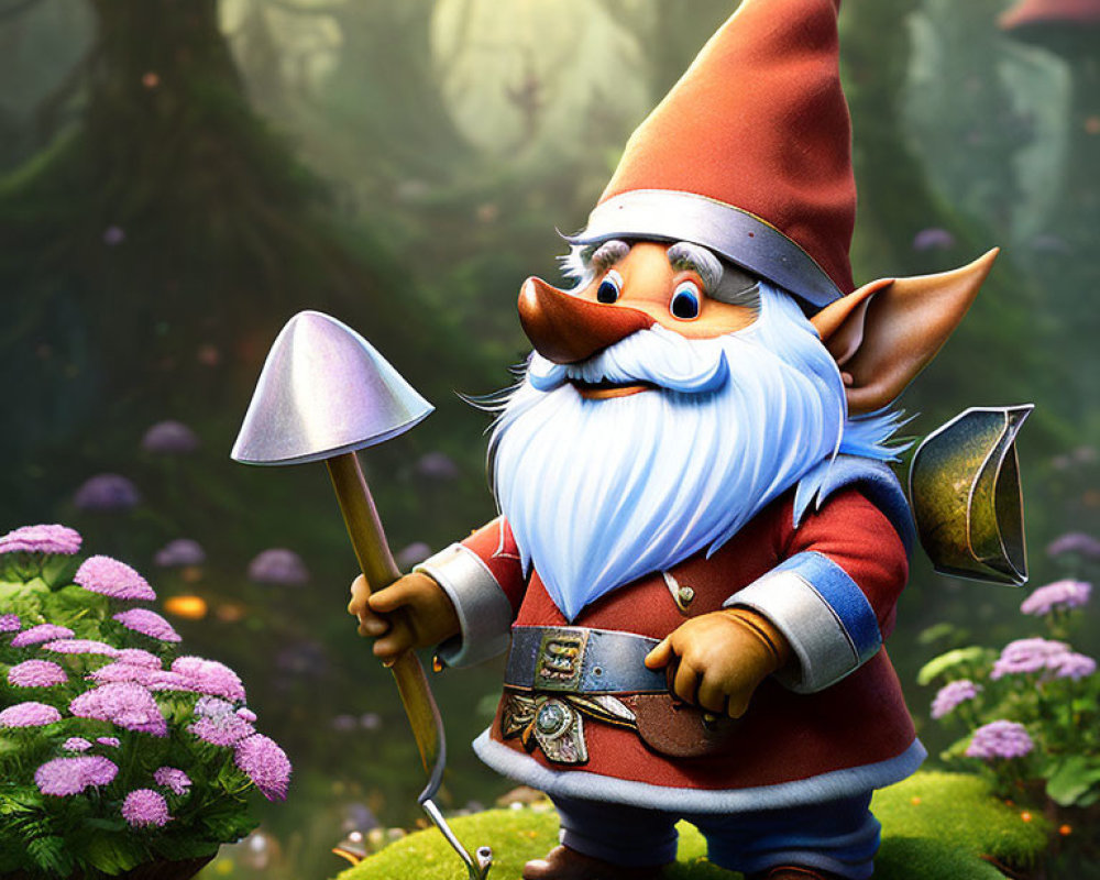 Illustration of garden gnome with red hat and blue coat in mystical forest