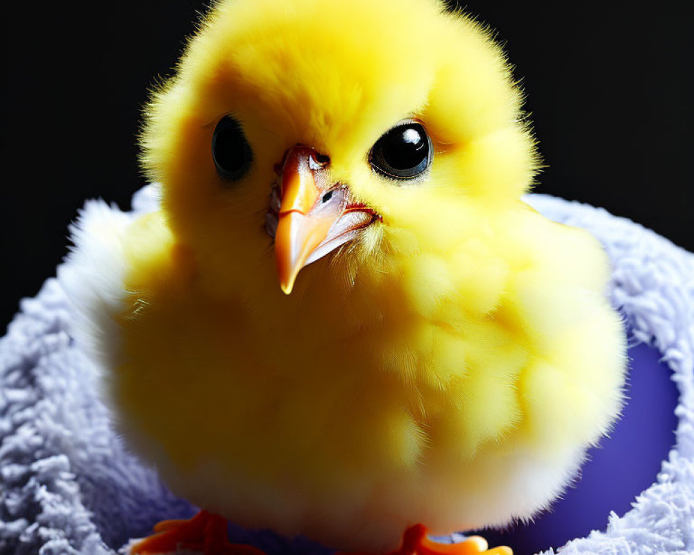 Fluffy yellow chick with orange beak and feet on dark background