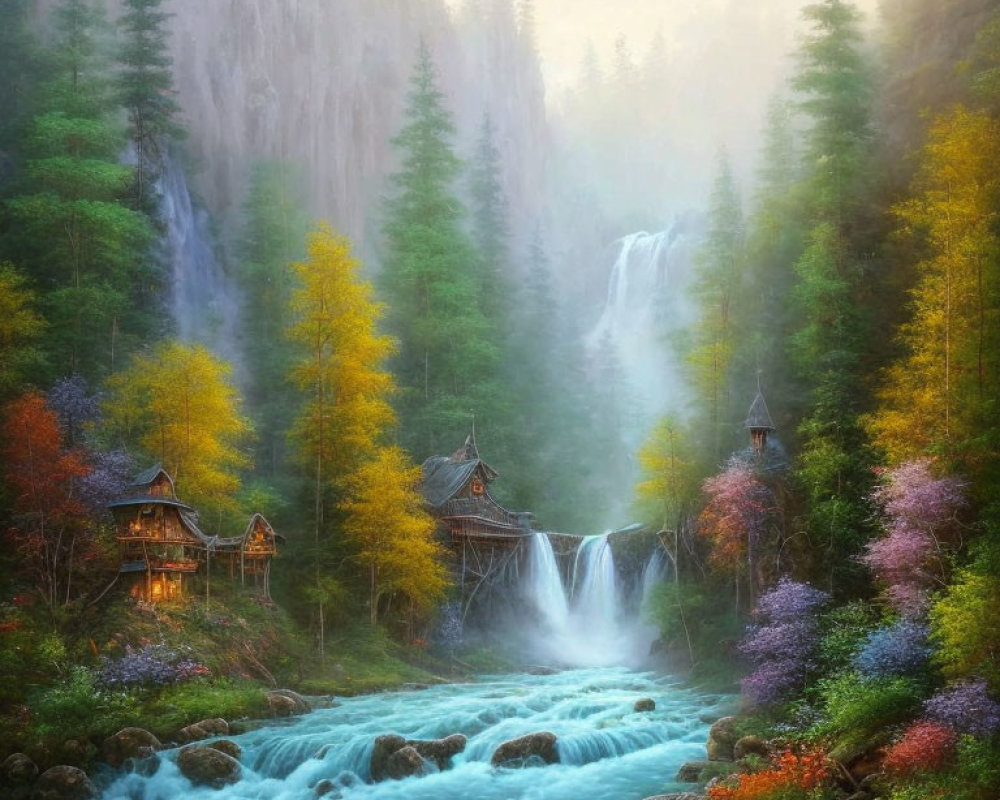 Serene autumn landscape with waterfall, river, and wooden houses