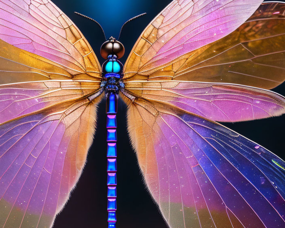 Colorful dragonfly with iridescent wings on gradient background.