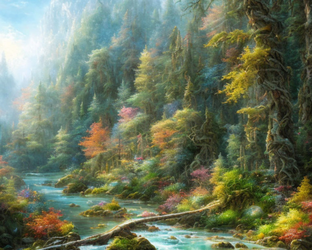 Tranquil Autumn Forest Landscape with River and Sunlight