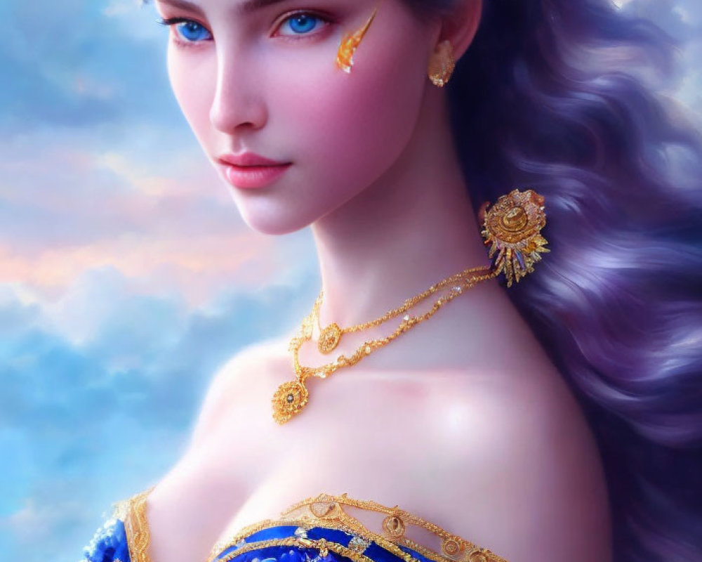 Illustration of woman with blue eyes and purple hair in ornate blue and gold dress against cloudy sky