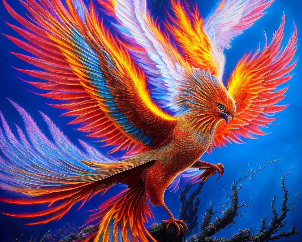 Colorful Phoenix with Red, Orange, and Blue Feathers on Blue Background