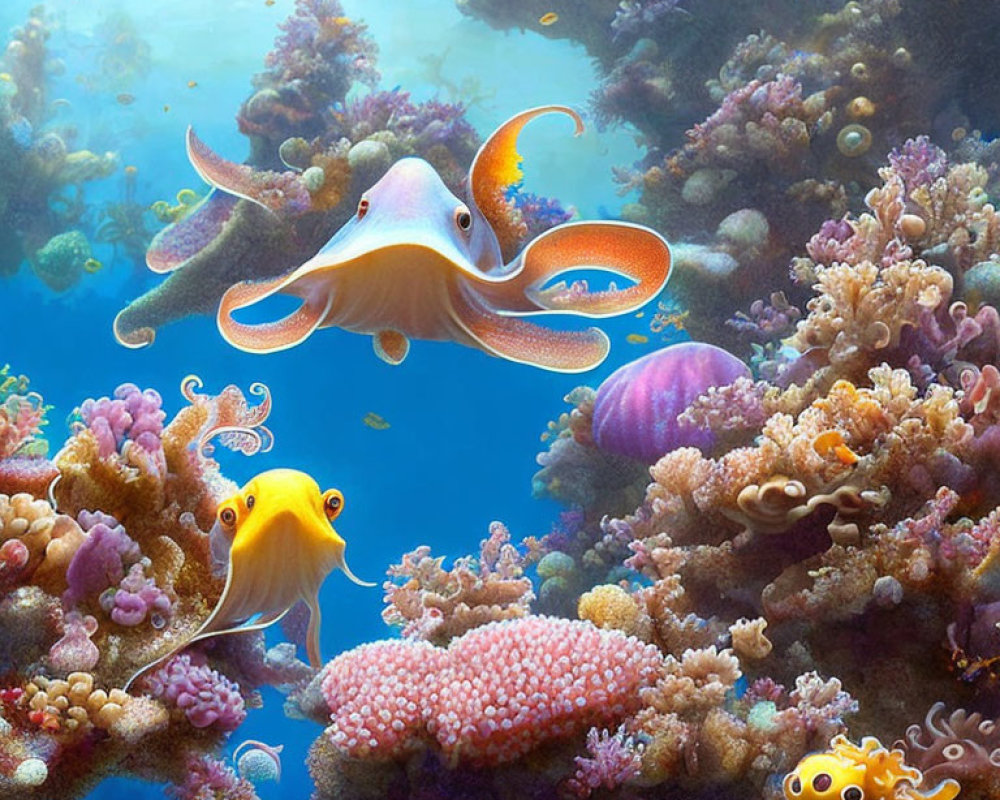 Colorful Cuttlefish Surrounded by Coral and Fish in Vibrant Underwater Scene