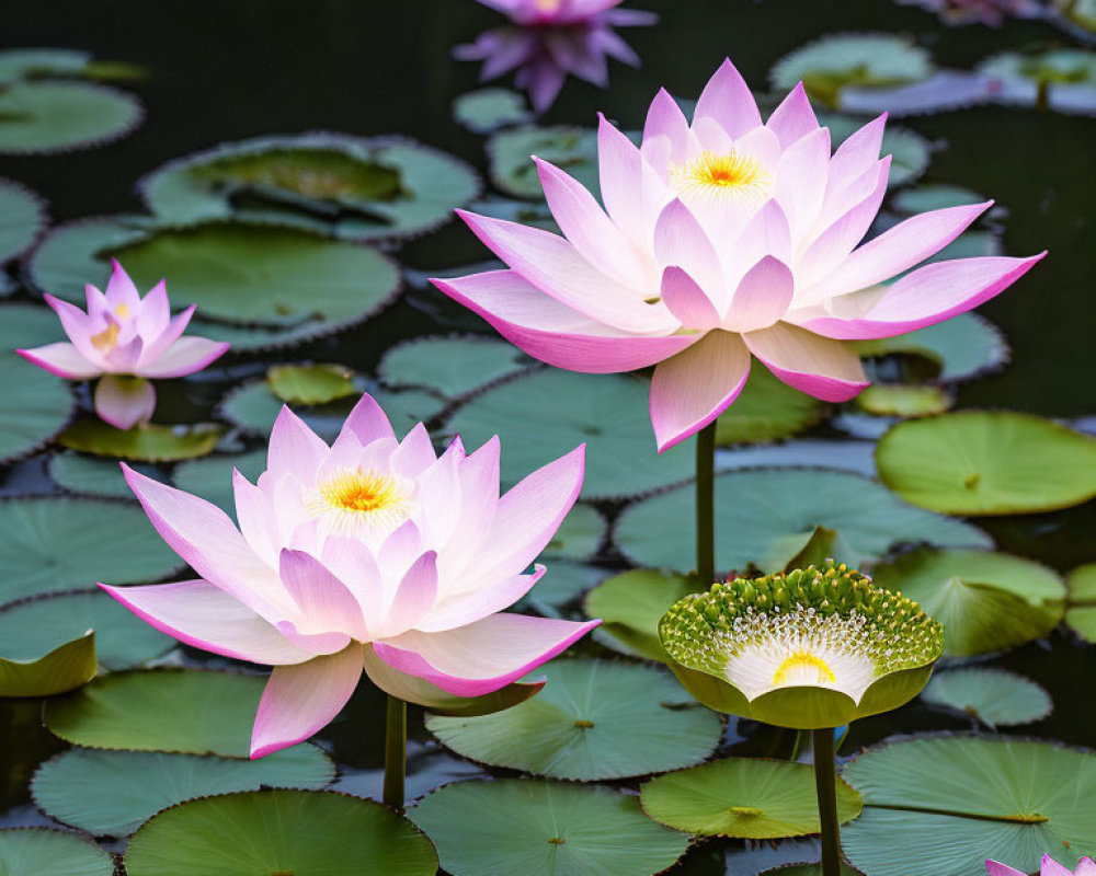 Pink Lotus Flowers and Lily Pads on Water Surface